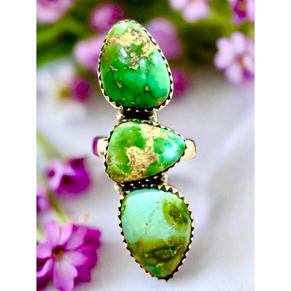Sonoran Gold Turquoise Three Stone Ring Sterling Adjustable 5-10 - Picture 1 of 8